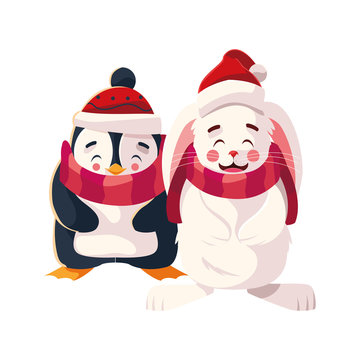 penguin and rabbit with hat and scarf in white background