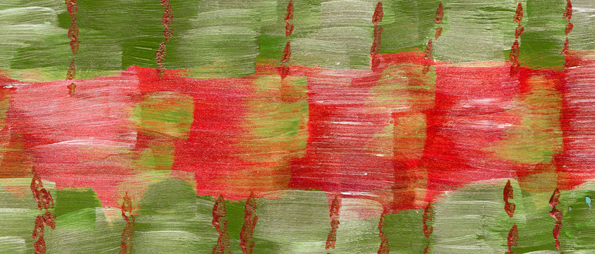 Hand drawn acrylic abstract red and green background
