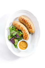 Bavarian Sausages for Frying with Mustard Sauce and Mixed Salad