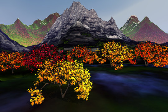 Mountain, an autumnal landscape, grass on the ground, trees with yellow and red leaves and clouds in the sky.