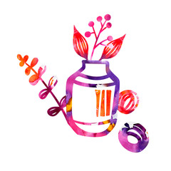 Collage with watercolor plant and vase. Digital mixed stylized watercolor collage.