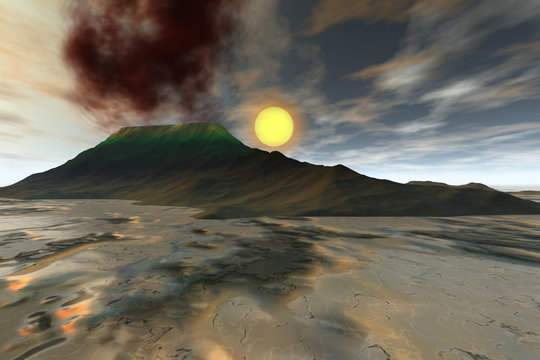 Sunset, a volcanic landscape, smoke in the crater,  foam in the sea and a big sun in the sky.