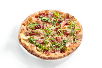 Tasty parma ham and artichoke pizza closeup