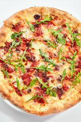 Pizza with tuna, kalamata olives and sweet pepper top view