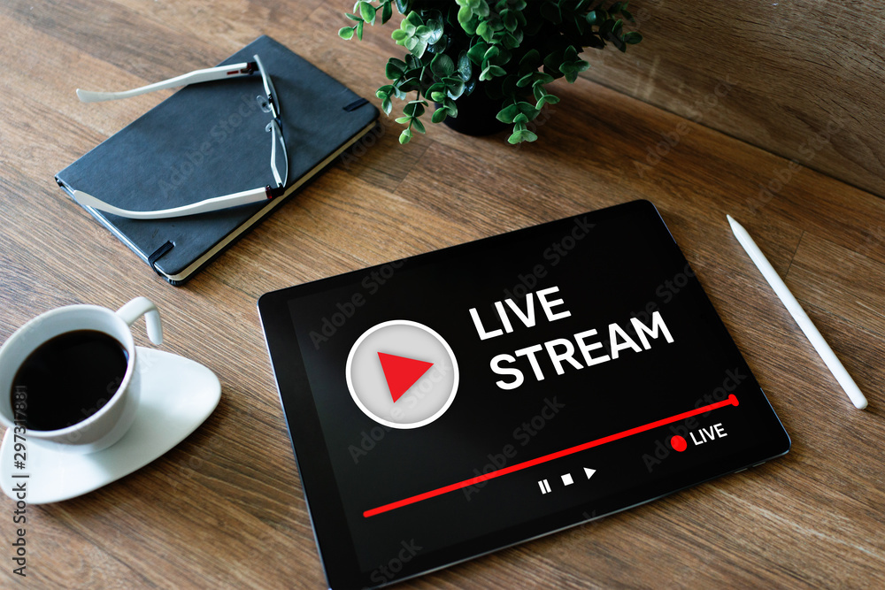 Poster live stream transmit or receive video and audio coverage over the internet. digital marketing and ad