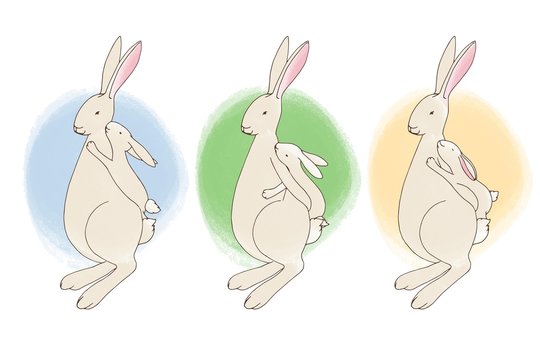 Rabbit mama with kids. Easter elements in pastel colors for design on white background