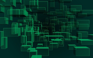 Green and dark abstract digital and technology background. The pattern with repeating rectangles. 3D illustration