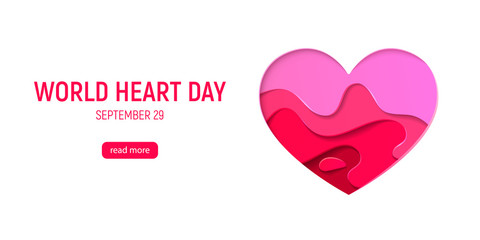 World Heart Day Background. Paper cut heart shape 3D design. Vector colorful greeting card template. Vector illustration