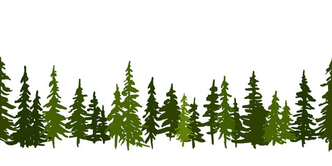 Green pine trees. Christmas and New Year horizontal vector seamless pattern - obrazy, fototapety, plakaty