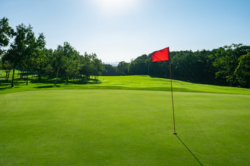 Panorama View of Golf Course with beautiful putting green. Golf course with a rich green turf...