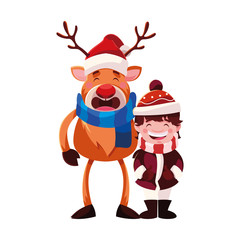 boy and reindeer with hat and scarf in white background