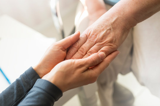 Closeup of the hands of a young and old woman. The concept of help and support for the elderly.