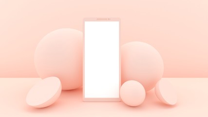 Smartphone 3d illustration. Online entertainment. Network. Social media. Abstract shapes. 3d rendering. Place for text. Trendy pastel color. Pastel beige.
