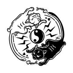 Yin Yang Cats vector illustration. Black and white cats yin yang shape. Cat want fish bones. Button logo with light and love