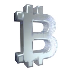 Bitcoin sign, platinum or silver turns into a blue grid on a white background. 3D illustration