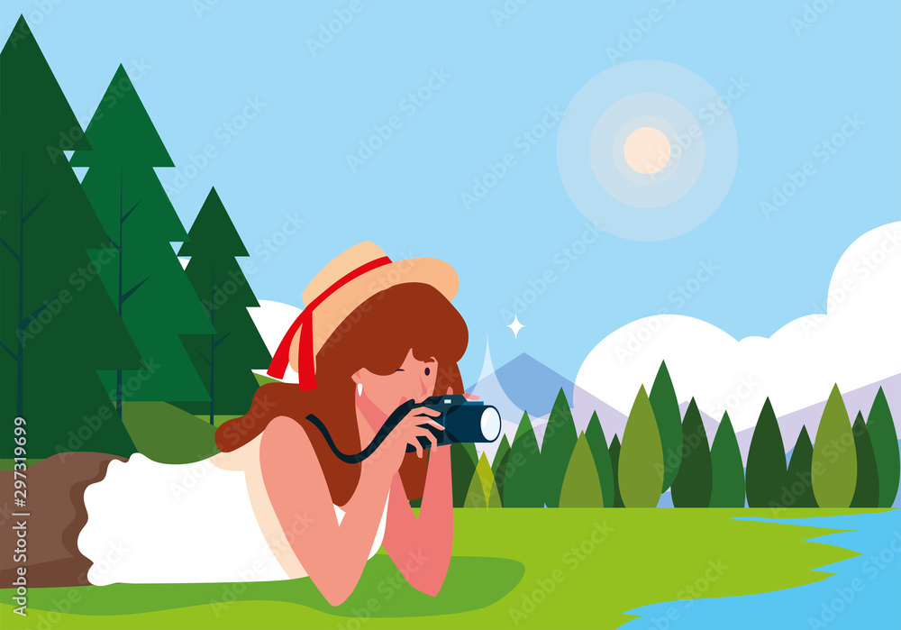 Sticker woman taking a photo with background landscape