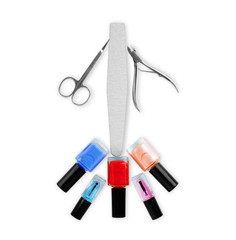 Decorative cosmetics, nail polish. Set of different varnishes for manicure nails on light background