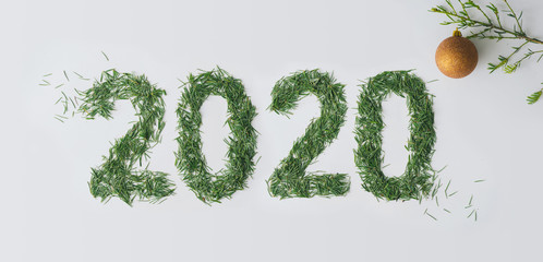 2020 made with Christmas tree pine needles. Trendy minimal New Year concept. Winter nature flat lay.