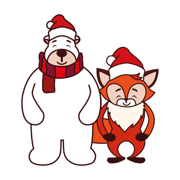 polar bear and fox with hat in white background