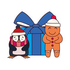 penguin and gingerbread man with gift box on white background