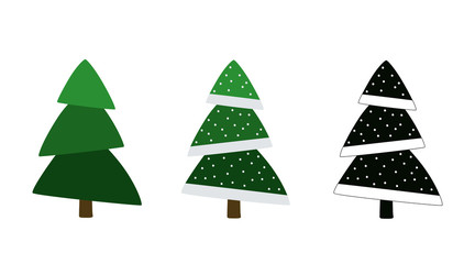 Christmas trees. Set of colored and silhouette Christmas trees. Cartoon flat style. Vector illustration