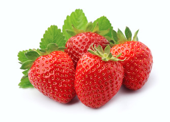 Sweet strawberry with leaves.
