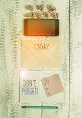 Handwriting text writing Don T Forget. Conceptual photo used to remind someone about an important fact or detail Envelop smartphone notepad note clip marker paper balls wooden background