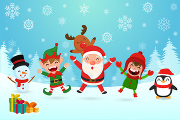 Merry Christmas. cute santa elf snowman penguin reindeer and kid character.