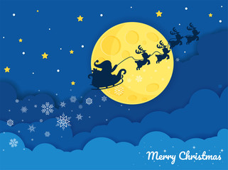 Obraz na płótnie Canvas Vector silhouette of Santa Claus riding a sleigh in the night sky with big moons and snowflakes.