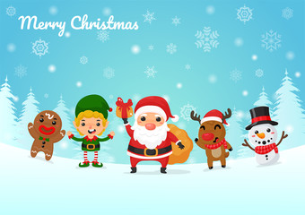 Obraz na płótnie Canvas Christmas Cartoon Vector Santa's cartoon characters, reindeer, elves and snowmen give Christmas presents.