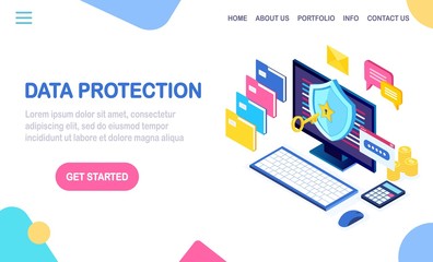 Data protection. Internet security, privacy access with password. 3d isometric computer pc with key, lock, shield, folder, message bubble. Vector design for banner