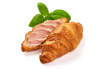 Freshly baked croissants with chicken liver pate, isolated on white background