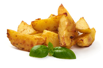 Baked potato wedges, fried potatoes, isolated on white background