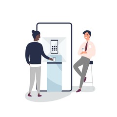 Customer choosing smartphone at electronic store flat vector illustration. Sales manager, consultant advertising gadgets. Salesman consulting client near promotional stand cartoon characters.