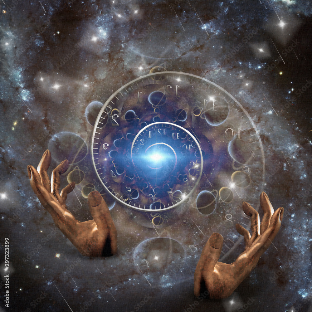 Poster manipulation of time. human hands in space