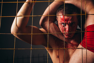 Body soiled blood. Mutant concept. Psycho mad man. Psychic disease. Murderer brutal aggressive guy....