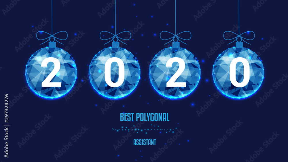 Wall mural New Year polygonal balls. 2020. Background of beautiful dark blue night sky. Low poly.