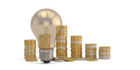 Financial concept light bulb and coins Isolated on white background. 3d illustration