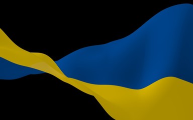 The flag of Ukraine on a dark background. National flag and state ensign. Blue and yellow bicolour. 3D illustration waving flag