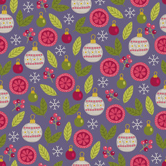 Christmas seamless pattern with ball, leaves, snowflake and berries