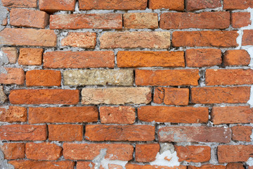 Fragment of an old red brick wall. Texture of bricks. Background photo with place for text.