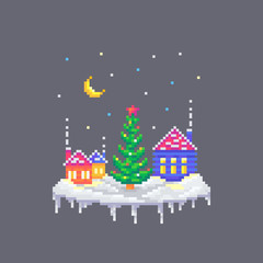 Pixel art snowy houses and Christmas fir tree in the center.