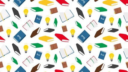 Books seamless pattern. Vector books and light bulbs seamless texture. Reading background