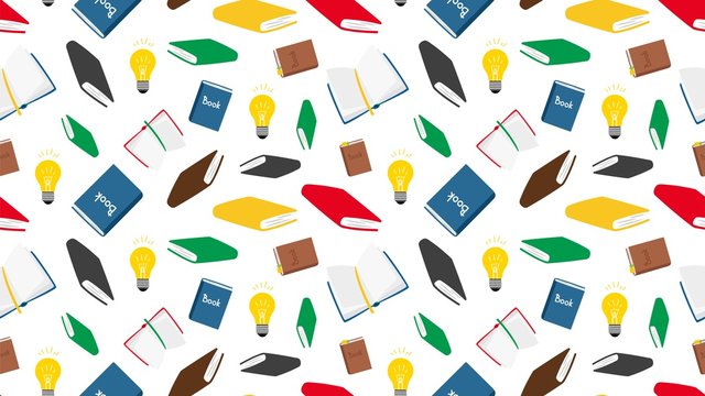 Books seamless pattern. Vector books and light bulbs seamless texture. Reading background