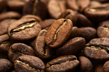 Coffee beans close-up background. Fresh roasted