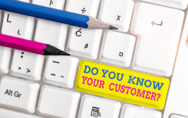 Word writing text Do You Know Your Customer Question. Business photo showcasing service identify...