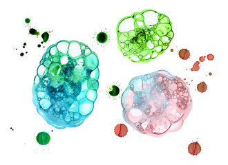 Colored soap bubbles: blue, red, green. Watercolor background for textile, packaging, notebooks, paper, banner, design.