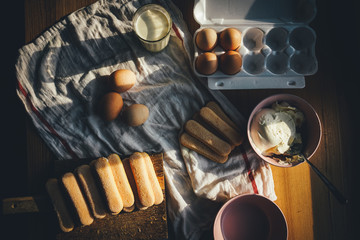 Ingredients for the recipe of tiramisu at home