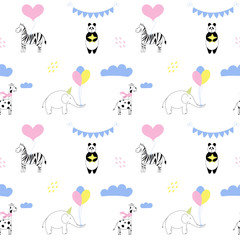 Seamless isolated pattern of wild animals. Giraffe, elephant, panda, zebra.