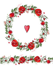wreath of red roses with hearts and seamless brush